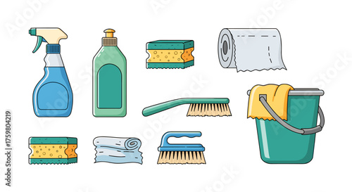 Assorted Cleaning Supplies and Equipment for Home or Office Use: Spray Bottle, Sponge, Paper Towels, Brush, Bucket - Hygiene, Housekeeping, Sanitation, and Maintenance Tasks Vector Illustration Set fo