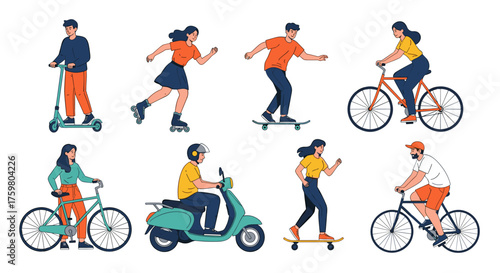 Diverse Group Enjoying Active Urban Lifestyle, Riding Bikes, Scooters, Skateboards & Rollerblades in City. Eco-Friendly Transportation for Commuting, Leisure, Recreation, Fitness, and Healthy Living.