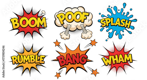 Dynamic Comic Book Sound Effects Explosions: Impactful Visuals for Graphic Novels, Presentations, Marketing, and Advertising. Retro Pop Art Accents with Bold Typography, Vibrant Colors, and Energetic