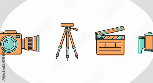 Filmmaking Equipment Set: Camera, Tripod, Clapperboard, Film Reel Arranged on White Backdrop Showcasing Creative Process, Film Industry, Photography, and Videography for Presentation, Marketing, or We