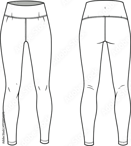 Leggings sketch, technical drawing, fashion design, high waistband, front view, back view, contour seams, apparel illustration, garment blueprint, activewear style