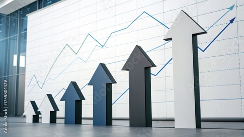 A modern visualization of growth, featuring upward-pointing arrows against a backdrop of increasing graph lines, symbolizing progress and success in business.