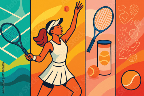 Tennis Player Serving Ball With Rackets and Balls sport