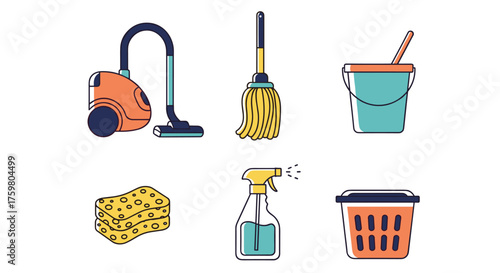 Cleaning Supplies Collection: Vacuum, Mop, Bucket, Sponge, Spray Bottle & Basket for Home Hygiene & Janitorial Services in a Simple Flat Vector Style for Cleaning Concepts, Presentation, Website Use,