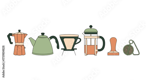 Elegant Coffee and Tea Brewing Methods Illustration: Stylish Assortment of Espresso Maker, Kettle, Pour Over, French Press, Tamper, Tea Infuser, Ideal for Cafe Branding, Menu Design, Culinary Presenta