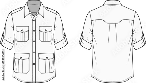 Men’s short sleeve utility shirt, front and back view, buttoned chest pockets, epaulets, rolled sleeves, pleated back, garment sketch, apparel template