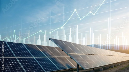 A solar panel array under a clear sky, with a digital graph overlay suggesting growth or energy efficiency.