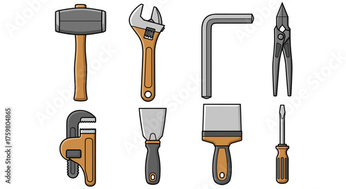 Assorted Hand Tools Collection Isolated on White Background, Illustrative Set for Carpentry, Construction, Repair and Maintenance, Professional Equipment for DIY Projects and Home Improvement, Modern