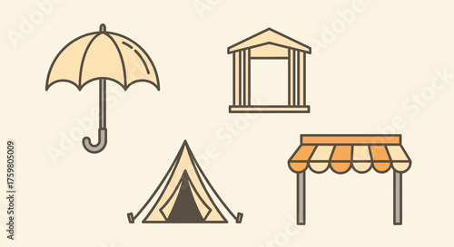Minimalist Line Art Icons Presenting Sheltered Spaces for Business and Leisure: Umbrella, Building, Tent and Market Stall for Weather Protection, Commerce, Outdoors, Events, Travel, Architecture, Adve