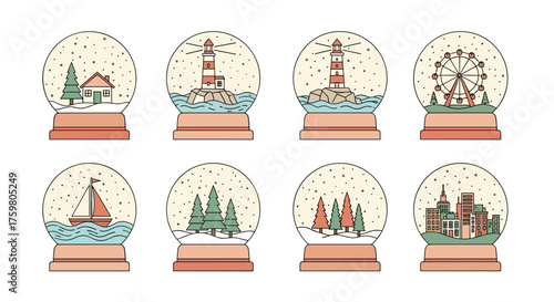 Charming Snow Globes Collection Featuring Iconic Landmarks and Festive Scenes, Delivering Winter Holidays Magic,  Ideal for Holiday Marketing, Greetings, and  Seasonal Illustrations for Modern Lifesty