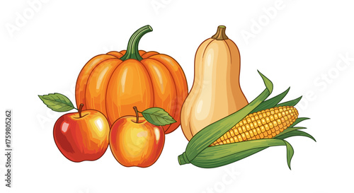 Harvest Bounty Still Life: Autumn Fruits and Vegetables in Graphic Illustration Featuring Ripe Pumpkins, Butternut Squash, Corn, and Apples for Thanksgiving, Fall Harvest Festival, Agricultural Market