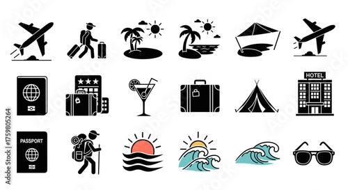 Travel and Vacation Icons Set: Planning a Journey with Passport, Airplane Flights, Tropical Beach Paradise, Hotel Stay, Camping Adventures, Luggage Ready for Global Tourism, Business Trip, Leisure Act