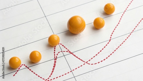 A line graph with red dotted lines shows growth, complemented by yellow balls representing data points on a grid-like surface.