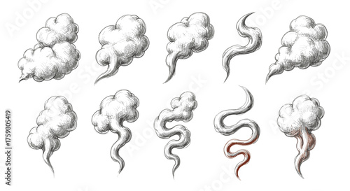 Collection of Hand-Drawn Smoke Plumes and Steam Puffs in Varying Shapes on White Backdrop: Conceptual Illustrations for Pollution, Vaping, Cooking, and Special Effects in Digital Art and Animated Grap