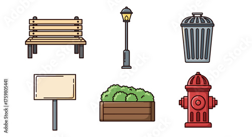 Stylized Park Elements Set Illustration Featuring Bench, Lamppost, Trash Can, Signboard, Planter, and Fire Hydrant in Outdoor Public Space for Urban Planning and Landscape Design Visuals and City Deve