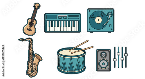 Assorted Musical Instruments Collection: Guitar, Keyboard, Turntable, Saxophone, Drum Set, Speaker & Mixer for Music Production, Performance & Audio Engineering - Colorful Flat Vector Icons for Graphi