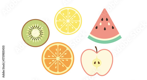 Assorted Fruits Halves Illustration: Fresh Slices of Kiwi Lemon Orange Watermelon and Apple for Healthy Eating Nutrition Culinary Arts Healthcare Education Materials Marketing Presentations  Bright Fl