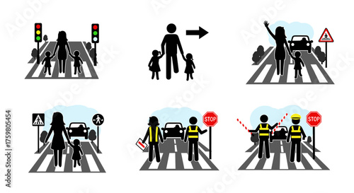 Crossing Safety Pictograms with Pedestrians Walking on Zebra Crossings, Supported by Traffic Lights and Crossing Guards in Black and White Style for Educational Childrens Material, Vector Graphics, Ro