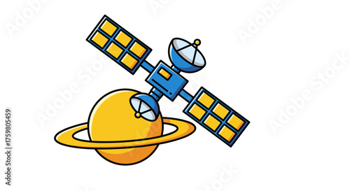 Satellite Orbiting Ringed Planet for Space Exploration Missions, Representing Scientific Discovery and Technological Advancement in Deep Space Environments, a Conceptual Icon for Astronomy, Blue and Y
