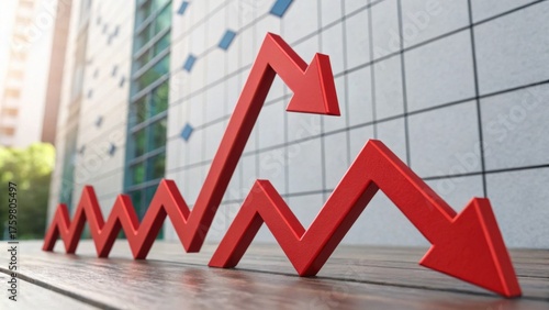 A vibrant image of red arrows depicting a fluctuating trend on a wooden surface, set against a modern building backdrop.