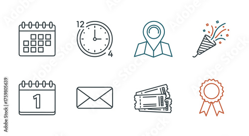 Event Planning Icons Set: Schedule Management, Time Tracking, Location Finding, Celebrations, Date Reminders, Communication, Ticket Sales, Achievement Recognition, and Award Ceremony- Modern Line Art