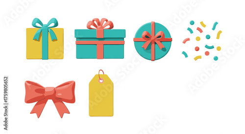 Colorful 3D Renderings of Celebration Elements Arranged on White Background for Party Design, Greeting Cards, Festive Presentations, and Marketing Materials Showcasing Gifts, Decorations, and Celebrat