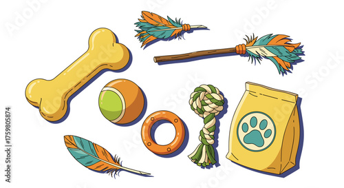 Playful Pet Essentials Illustration: Vibrant Vector Collection of Dog Toys, Food, and Accessories for Happy, Healthy Canine Companions; Graphic Resource for Veterinary Care, Pet Store Marketing, Anima