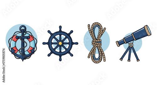 Nautical Adventure Elements Set: Anchor, Ship Wheel, Rope & Spyglass on Light Blue, Sailing and Maritime Symbols for Marine Navigation & Ocean Exploration, Boating Adventures & Coastal Vacations, Vect