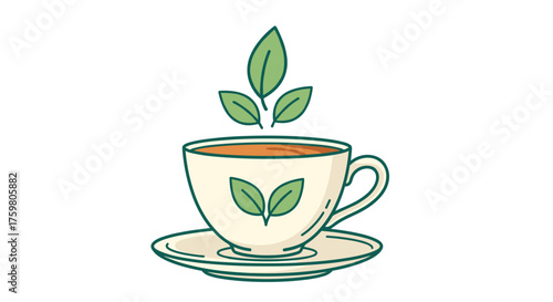 Aromatic Tea Cup with Fresh Green Leaves Illustration: Herbal Beverage, Health and Wellness Drink in Cafe Setting for Menu Design, Infusion, Relaxation, Tea Time, Hot Drink, Relaxation, Organic, Natur