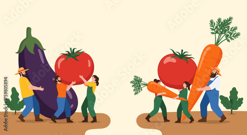 Harvesting Giant Vegetables with Teamwork in Rural Farm Setting, Illustrating Sustainable Agriculture and Local Farming, for Food Industry Marketing, Healthy Eating Campaigns, Vegetarian Lifestyle Pro