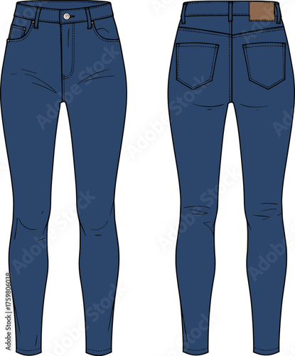 Blue denim jeans, slim fit style, tapered leg, fashion apparel, casual wear, trendy clothing, front and back view, branding detail