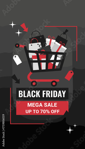 Black Friday mega sale banner with shopping cart full of gifts and bags Retail promotion concept