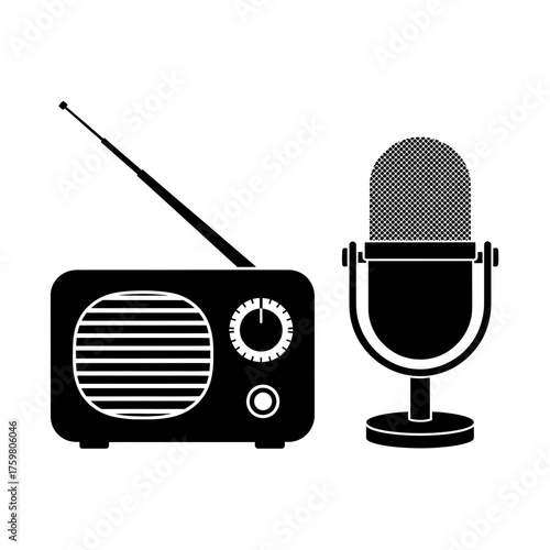Retro Microphone and Vintage Radio Icon – Podcast, Broadcast, Audio Recording, Music Studio Vector Design
