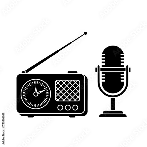 Retro Microphone and Vintage Radio Icon – Podcast, Broadcast, Audio Recording, Music Studio Vector Design