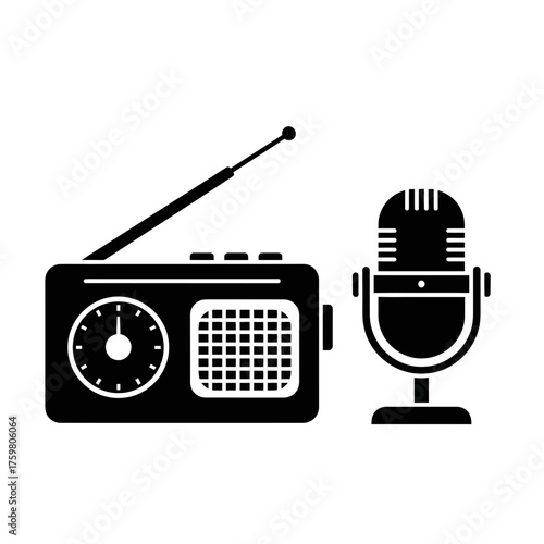 Retro Microphone and Vintage Radio Icon – Podcast, Broadcast, Audio Recording, Music Studio Vector Design