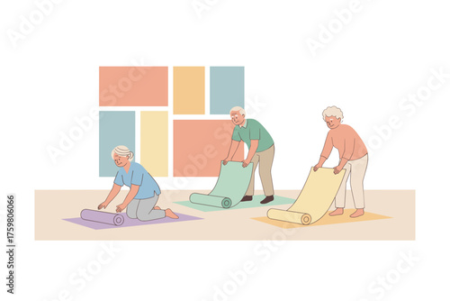 Seniors prepare for exercise unrolling colorful yoga mats for healthy active aging lifestyle