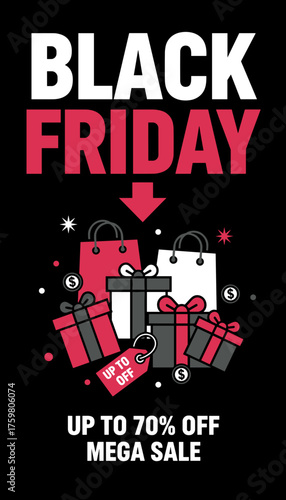 Black Friday mega sale promotion with shopping bags gift boxes and discounts up to 70 off