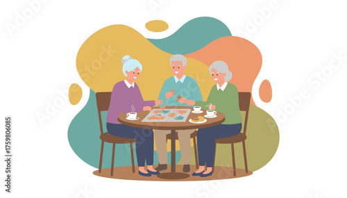 Seniors enjoying a jigsaw puzzle coffee and pastries Friendship leisure mental wellness