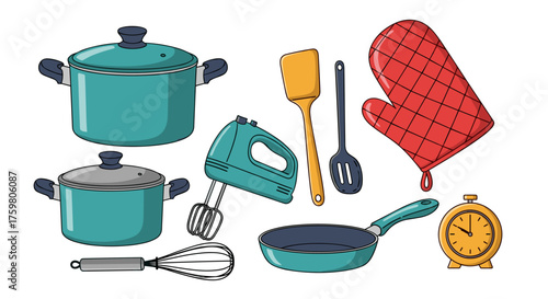 Kitchen Utensils and Cookware Illustration: Pots, Pans, Mixer, Spatula, Oven Mitt, Whisk, Clock on White Background for Cooking, Baking, Recipe Design, Culinary Arts, Food Prep, Home Economics Present