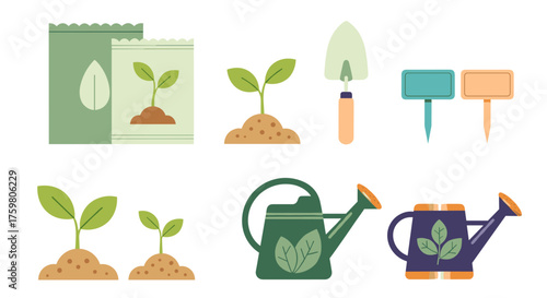 Gardening Tools and Seedlings Illustration for Spring Season Projects: Cultivating New Beginnings, Environmental Sustainability, Agriculture, and Eco-Friendly Lifestyle with Growing Plants and Garden