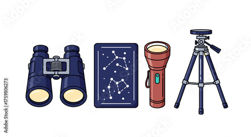 Astronomical Tools and Resources Ready for Night Sky Exploration: Binoculars, Star Chart, Flashlight, Tripod - Essential Astronomy Gear for Stargazing, Educational Science, Hobbyist Recreation, & Outd
