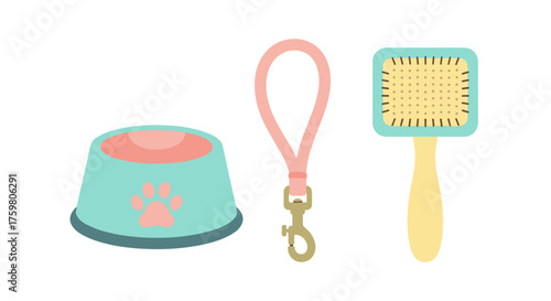 Cartoon Pet Supplies Still Life: Bowl for Food, Dog Leash, and Grooming Brush on White Background for Veterinary Clinic, Animal Care Products, Training Aids, Pets Accessories, Colorful Illustration