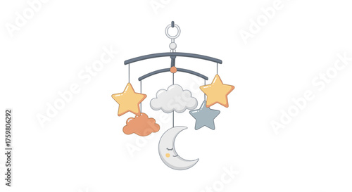Dreamy Baby Mobile with Stars and Moon Hanging in Nursery, Gentle Lullaby Decor for Newborns, Sweet Dreams, Cloud Shapes, Soft Colors, Serene Atmosphere, Childhood Illustration, Baby Shower Gift, Past