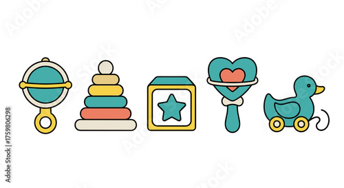 Playful Baby Toys Assortment Illustration: Nostalgic Childhood Collection Featuring a Colorful Stacking Pyramid, Whimsical Duck Toy, Rattle Set, and Star Cube, Perfect for Nursery Decor, Children's De