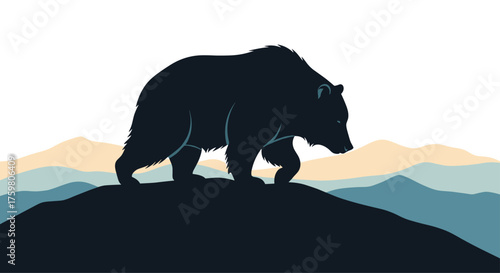 A majestic bear walks across a scenic mountain range at sunset.