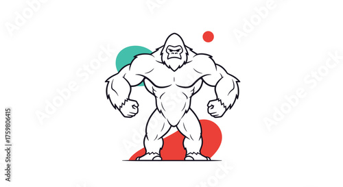 A muscular ape stands powerfully with colorful circles in the background.