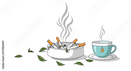 A still life of an overflowing ashtray with cigarettes and scattered leaves next to a steaming cup of tea.