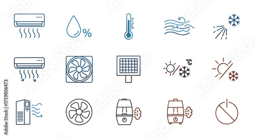 Climate Control Icons Set: Regulating Temperature and Humidity for Comfortable Living, Featuring Air Conditioning, Cooling Fans, Thermostat, Humidifier Line Art for Presentation, Technology & HVAC Sys