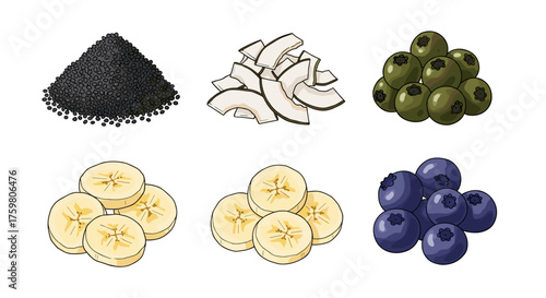 Fresh Fruit and Seed Superfood Toppings Assortment: Black Chia Seeds, Coconut Flakes, Green Kiwiberries, Ripe Banana Slices, and Blueberries for Healthy Eating, Breakfast Bowls, Dessert, Ingredient Il