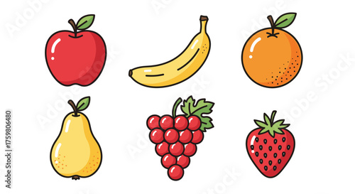 Vibrant Fruit Collection: Wholesome Nutrition for Healthy Living, Featuring Apple, Banana, Orange, Pear, Grapes and Strawberry, Cartoon Style Illustration for Educational Materials, Recipe Book, Menu